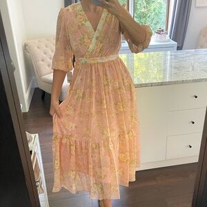 New! Floral Pink/Beige Midi Dress with Long Sleeves &Pockets, side zipper size 6